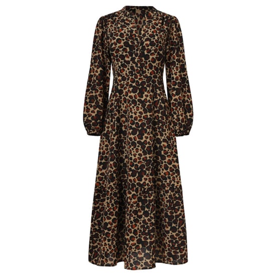 Smashed Lemon Chiffon dierenprint jurk met pofmouwen en v-hals in camel en bruin | - Image 2