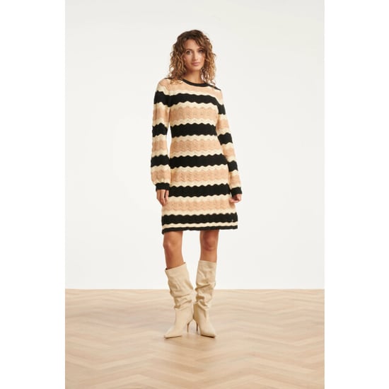 Smashed Lemon Damesgebreide jurk zand met golfpatroon pof... | - Image 4