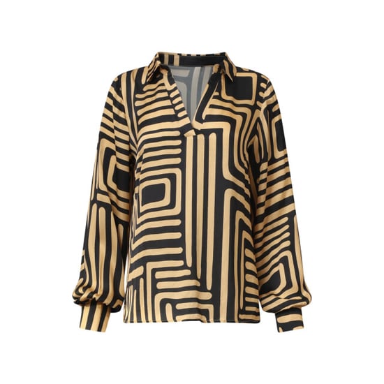 Smashed Lemon Zwart en goud grafische geprint top met kraag | - Image 6