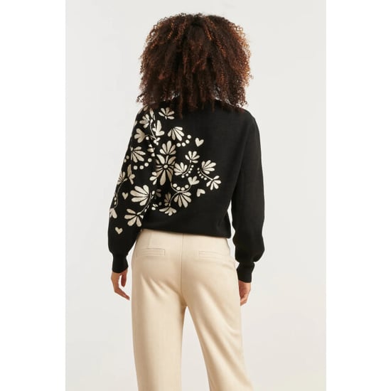 Smashed Lemon Zwart en offwhite bloemenprint met v-hals gebreide top | - Image 5