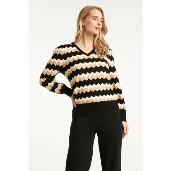 Smashed Lemon Zwart en zand zigzag gebreide dames top met v-hals | - Image 2