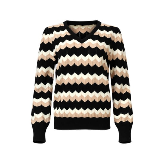 Smashed Lemon Zwart en zand zigzag gebreide dames top met v-hals | - Image 6