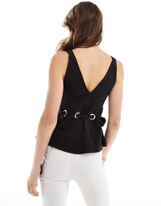 ASOS DESIGN linen cami top with eyelet detail in black - Image 3