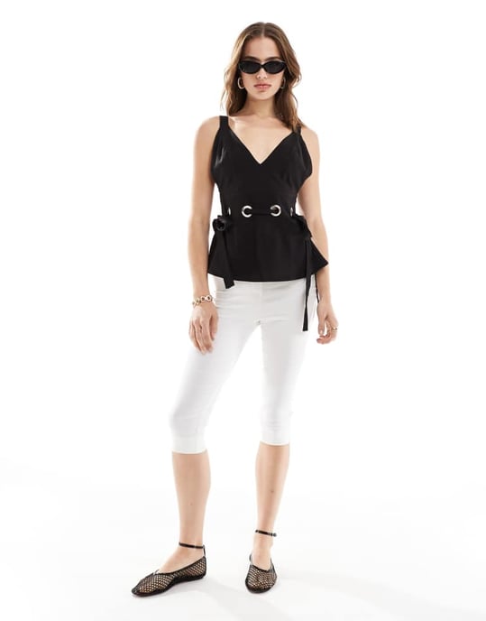 ASOS DESIGN linen cami top with eyelet detail in black - Image 4