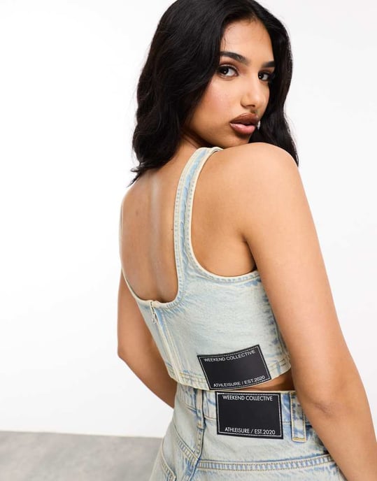 Weekend Collective denim bralet with raw edge logo - Image 2