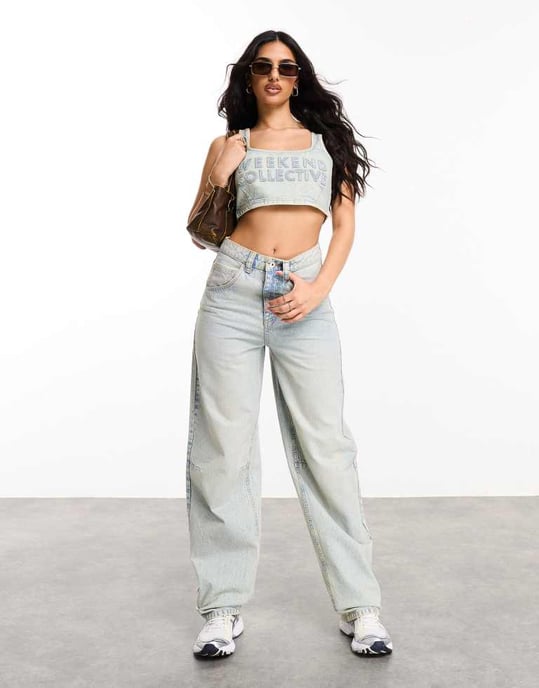 Weekend Collective denim bralet with raw edge logo - Image 3
