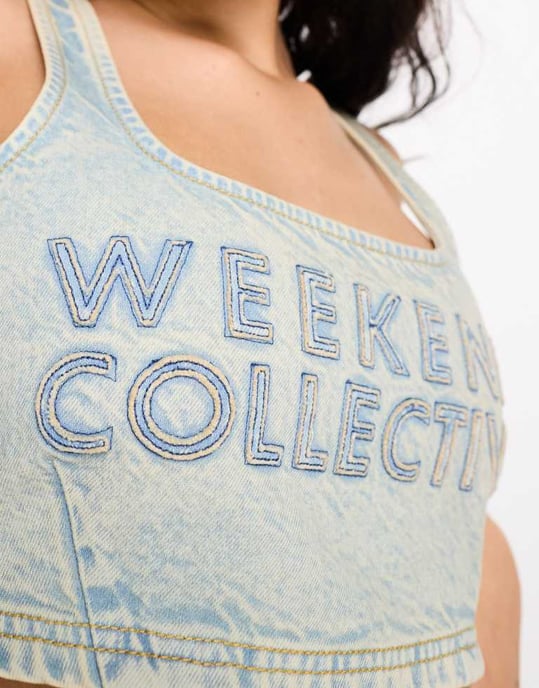 Weekend Collective denim bralet with raw edge logo - Image 4