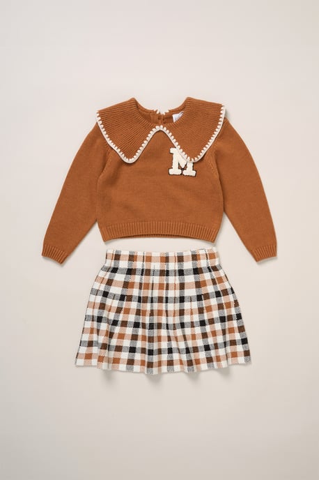 True Knit Jumper with Woven Collar and Check Skirt - Image 1