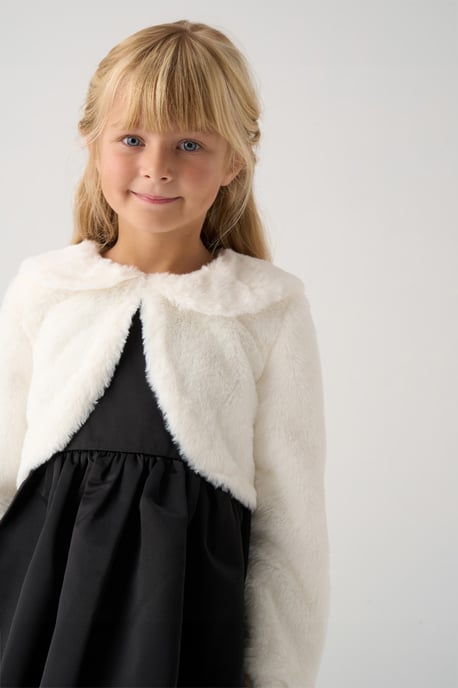 Bubble Hem Satin Dress, Faux Fur Cardigan and Bow Clip Set - Image 3