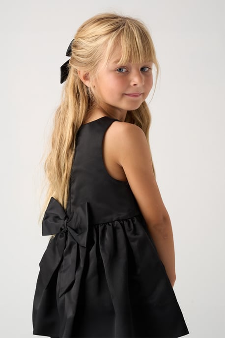 Bubble Hem Satin Dress, Faux Fur Cardigan and Bow Clip Set - Image 4