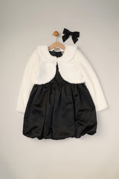Bubble Hem Satin Dress, Faux Fur Cardigan and Bow Clip Set - Image 6