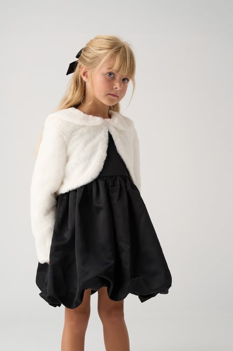 Bubble Hem Satin Dress, Faux Fur Cardigan and Bow Clip Set - Image 1