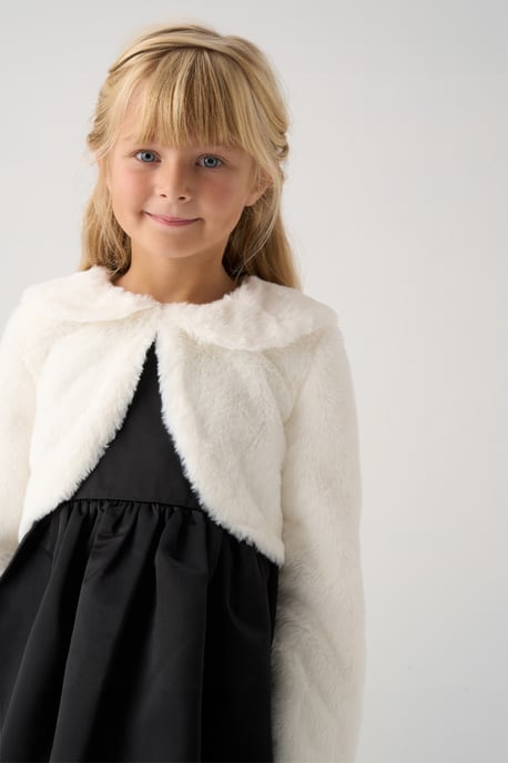 Bubble Hem Satin Dress, Faux Fur Cardigan and Bow Clip Set - Image 3