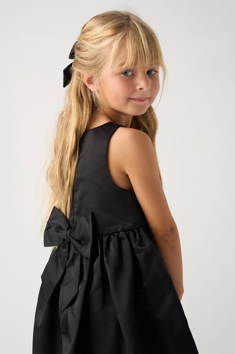 Bubble Hem Satin Dress, Faux Fur Cardigan and Bow Clip Set - Image 4
