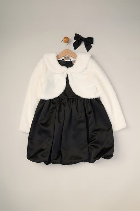 Bubble Hem Satin Dress, Faux Fur Cardigan and Bow Clip Set - Image 6