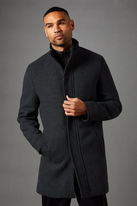 Charcoal Signature Funnel Neck Wool Blend Coat With Insert - Image 1