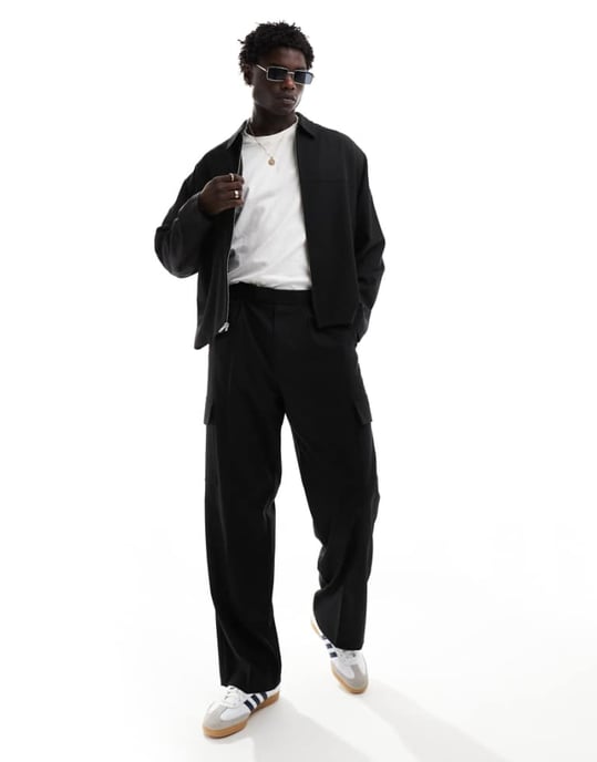 ASOS DESIGN smart co-ord slim trucker jacket with cargo pockets in black - Image 1
