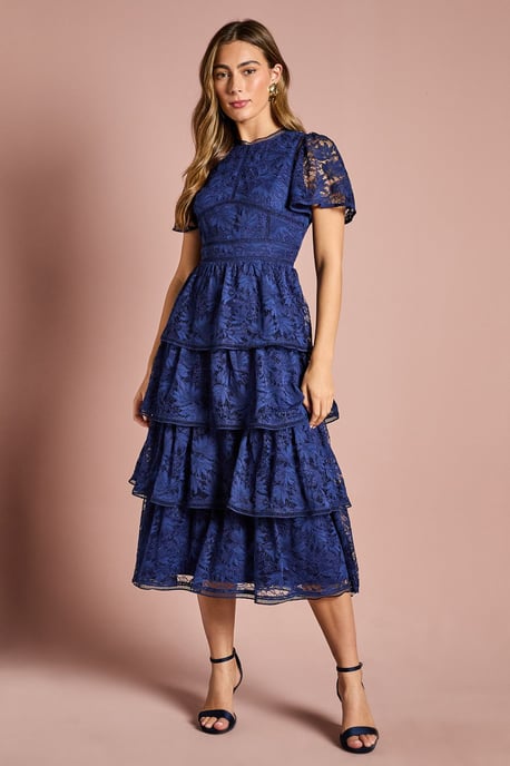 Petite Tiered Lace Dress With Flutter Sleeve & Trims - Image 1