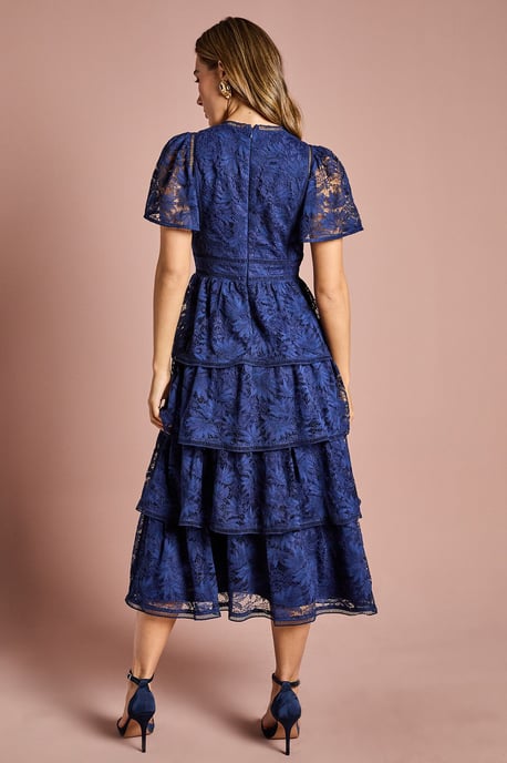 Petite Tiered Lace Dress With Flutter Sleeve & Trims - Image 3