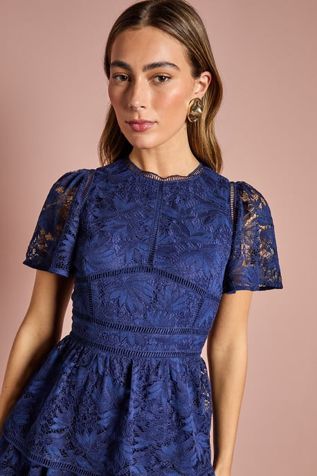 Petite Tiered Lace Dress With Flutter Sleeve & Trims - Image 4
