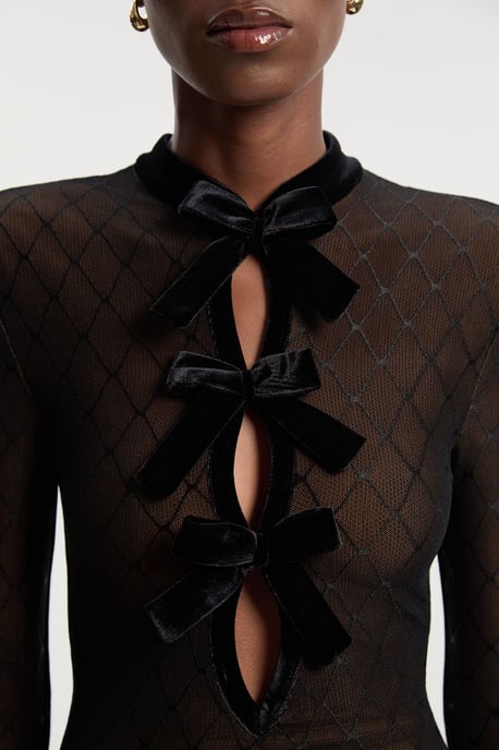 Mesh With Velvet Bow Trim Detail Long Sleeve Midi Dress - Image 2
