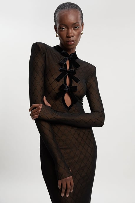 Mesh With Velvet Bow Trim Detail Long Sleeve Midi Dress - Image 3