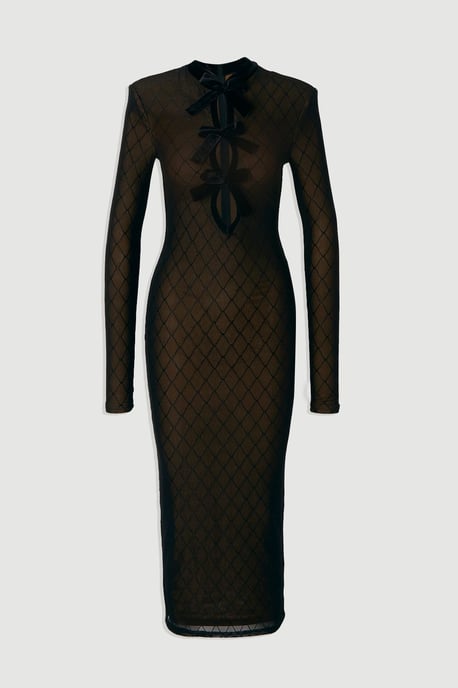 Mesh With Velvet Bow Trim Detail Long Sleeve Midi Dress - Image 4