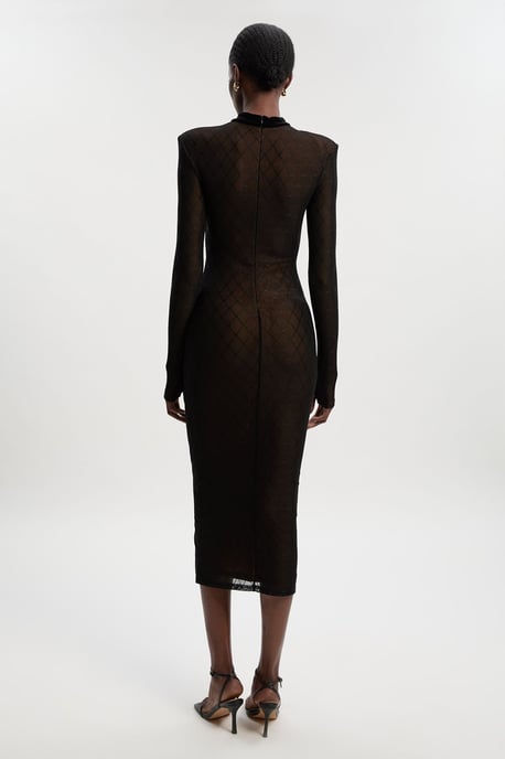 Mesh With Velvet Bow Trim Detail Long Sleeve Midi Dress - Image 5
