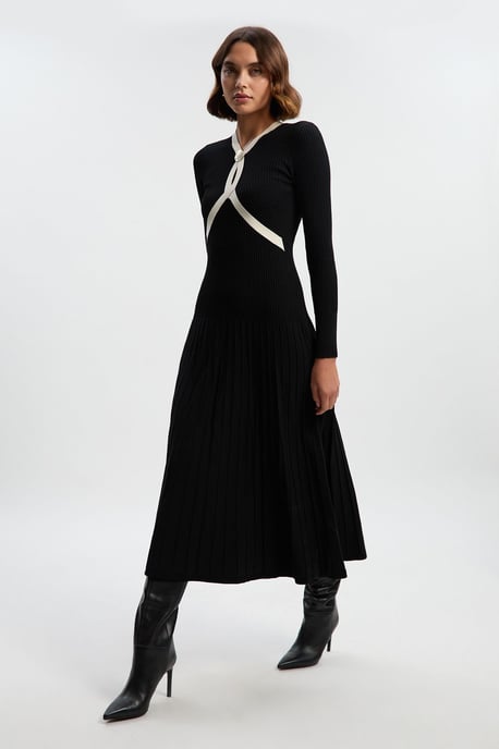 Rib Knit Trim Detail Full Skirt Midi Dress - Image 1