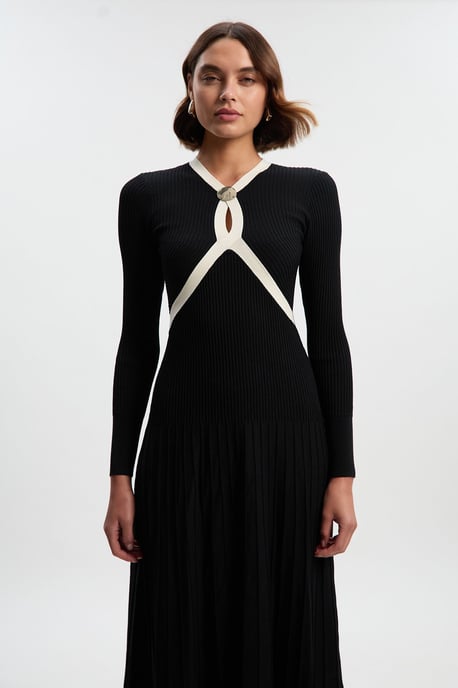 Rib Knit Trim Detail Full Skirt Midi Dress - Image 2