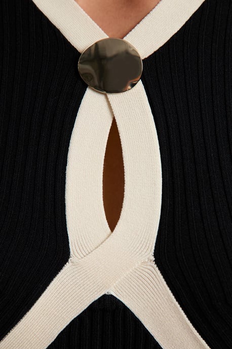 Rib Knit Trim Detail Full Skirt Midi Dress - Image 3