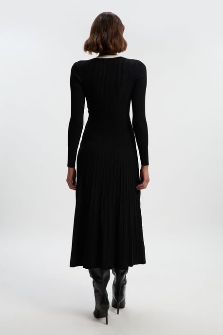 Rib Knit Trim Detail Full Skirt Midi Dress - Image 4