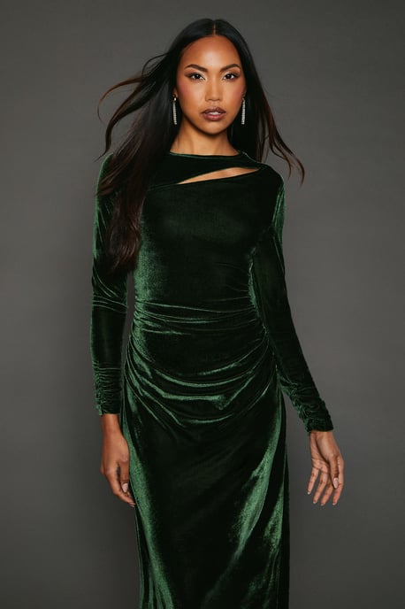 Green Velvet Asymmetric Cut Out Midaxi Dress - Image 1