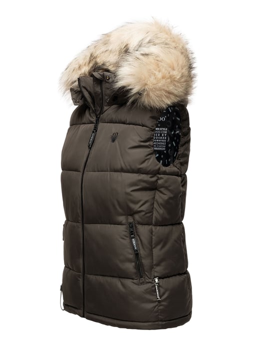 Marikoo dames gewatteerd vest – Eisflöckchen met capuchon & imitatiebontkraag - Image 3