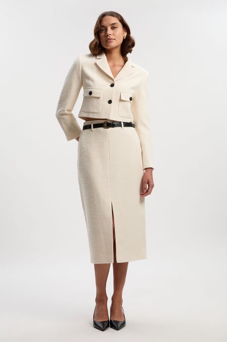 Textured Tweed Pocket Front Tailored Cropped Jacket - Image 2