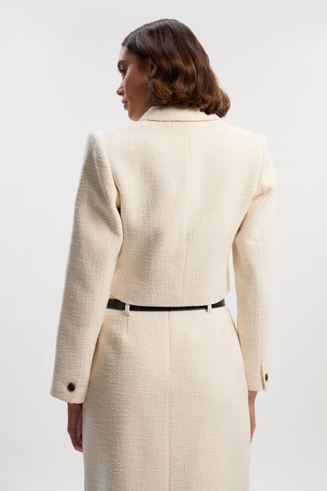 Textured Tweed Pocket Front Tailored Cropped Jacket - Image 4