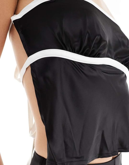 SNDYS satin cami tie back detail top with contrast bust seam detail co-ord in black - Image 3