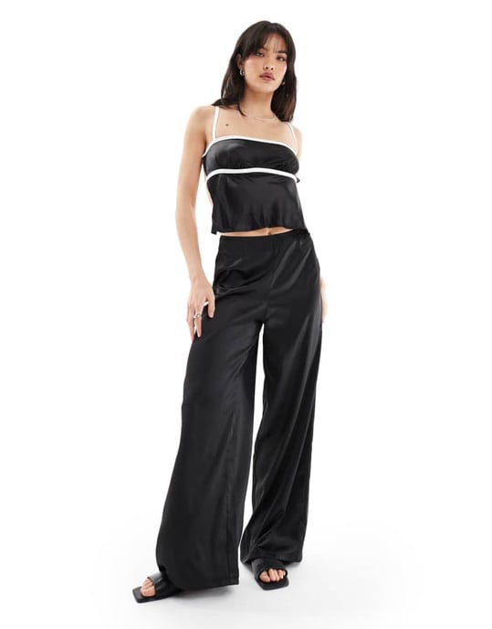 SNDYS satin cami tie back detail top with contrast bust seam detail co-ord in black - Image 4