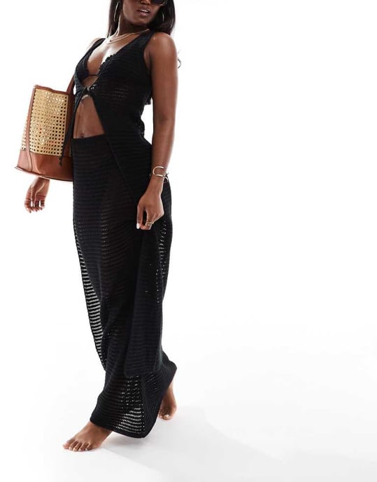 Kaiia exclusive crochet knit tie front maxi top co-ord in black - Image 3