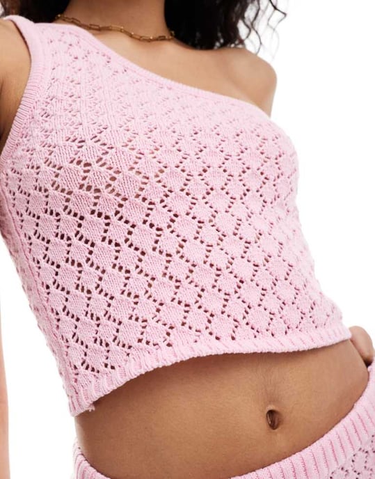 The Frolic kristen one shoulder knit beach crop top co-ord in pastel pink - Image 2