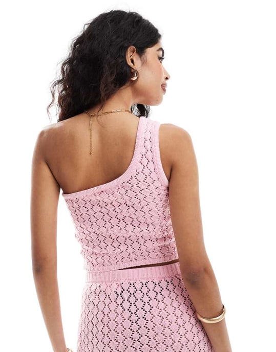 The Frolic kristen one shoulder knit beach crop top co-ord in pastel pink - Image 3