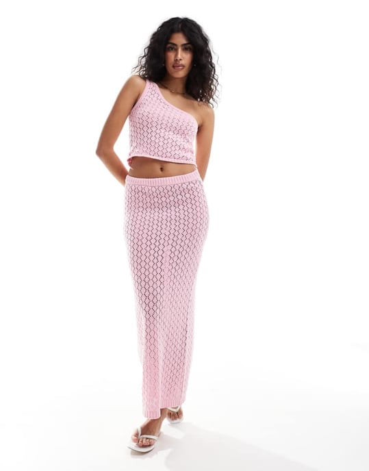 The Frolic kristen one shoulder knit beach crop top co-ord in pastel pink - Image 4