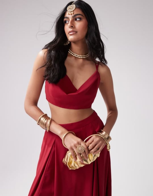 Kanya London chiffon spaghetti strap cowl neck top co-ord in deep red - Image 2