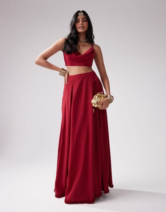 Kanya London chiffon spaghetti strap cowl neck top co-ord in deep red - Image 3