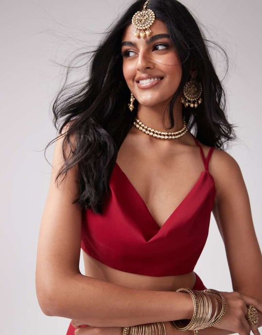 Kanya London chiffon spaghetti strap cowl neck top co-ord in deep red - Image 4