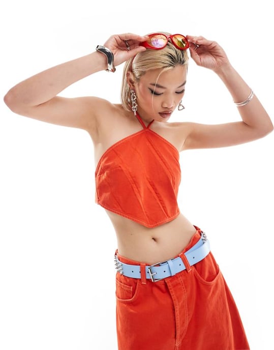 COLLUSION co-ord denim halter top with contrast stitch in orange - Image 1