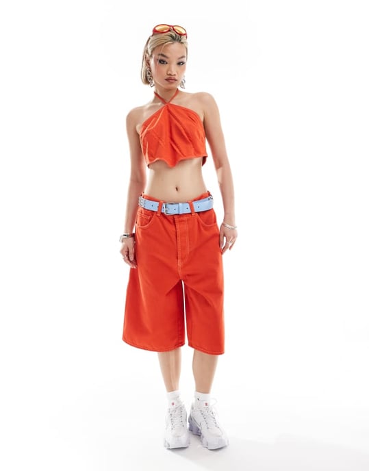 COLLUSION co-ord denim halter top with contrast stitch in orange - Image 4