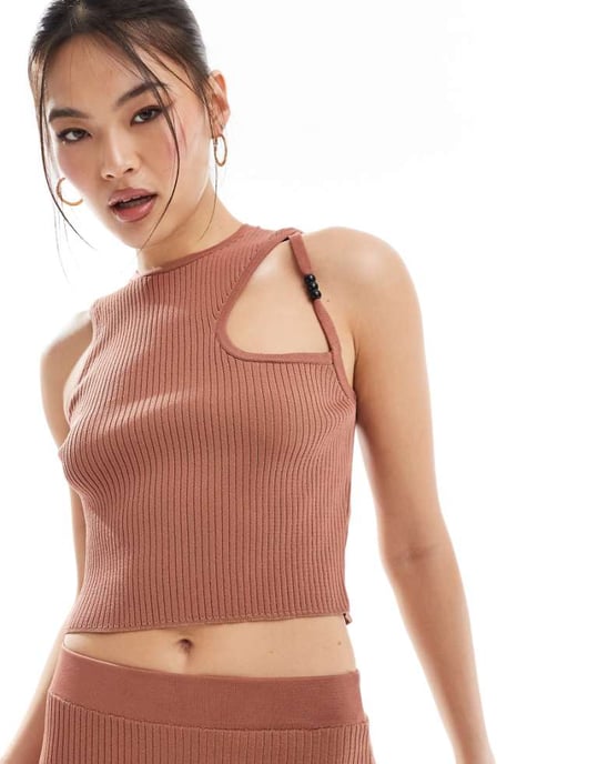ASOS DESIGN knitted one shoulder cut out top in brown co-ord - Image 1