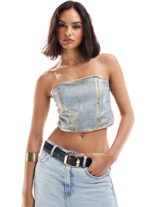 ASOS DESIGN denim bandeau top in metallic gold foil - Image 1