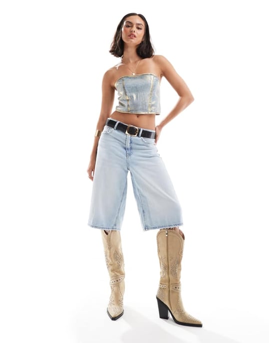 ASOS DESIGN denim bandeau top in metallic gold foil - Image 2